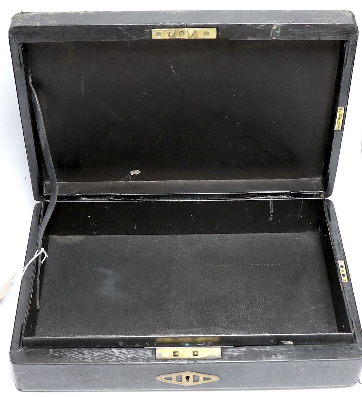 A black treasury box with, inscribed in gilt Permanent Secretary to the Treasury with ERII cypher, 46cm wide
